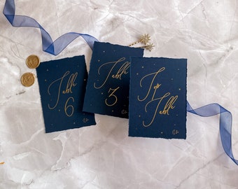 Navy table numbers, celestial wedding decor, moon and stars baby shower, gold and navy table decorations