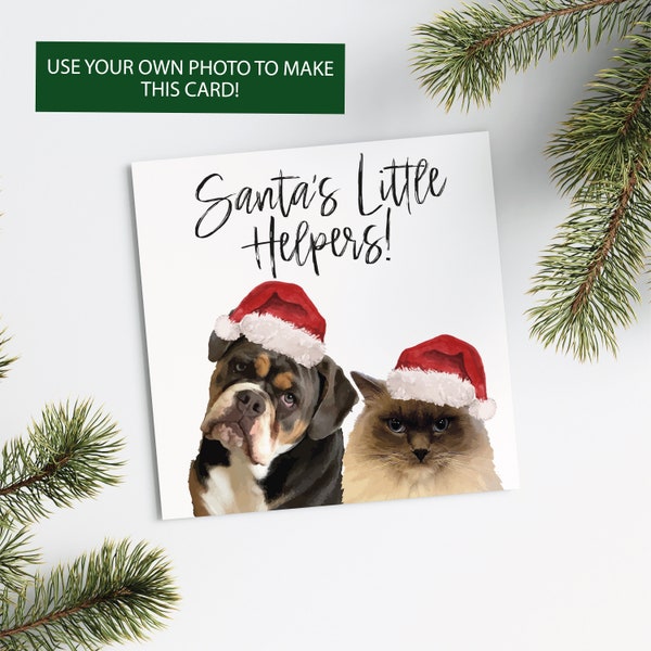 2 or more Pets Custom Christmas Card, Personalised Pet Portrait, Xmas Dog, Christmas Cat, Santa Hat for Dog, Dog Cat Lover