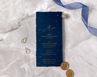 Navy table menu, moon and stars decor, gold and navy wedding, baby shower table decoration