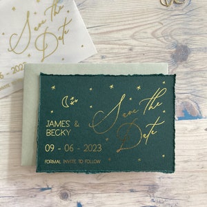 Green & Gold Save The Date, Celestial wedding theme, Moon and Stars table decoration, baby shower invite, sage green wedding