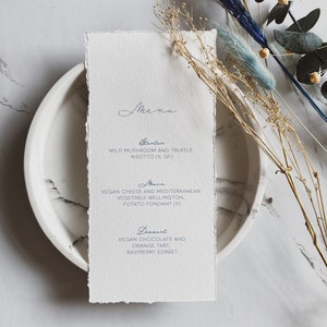 May include: A white paper menu with blue text listing the menu items: Stanten, Wild Mushroom and Truffle Risotto (V, GF), Main, Vegan Cheese and Mediterranean Vegetable Wellington, Potato Fondant (V), Dessert, Vegan Chocolate and Orange Tart, Raspberry Sorbet.