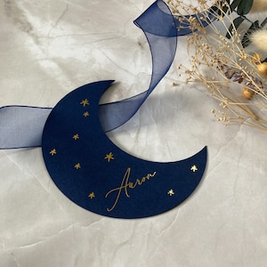 Navy and gold moon shaped place names, celestial wedding decor, baby shower place setting, navy and gold wedding image 3