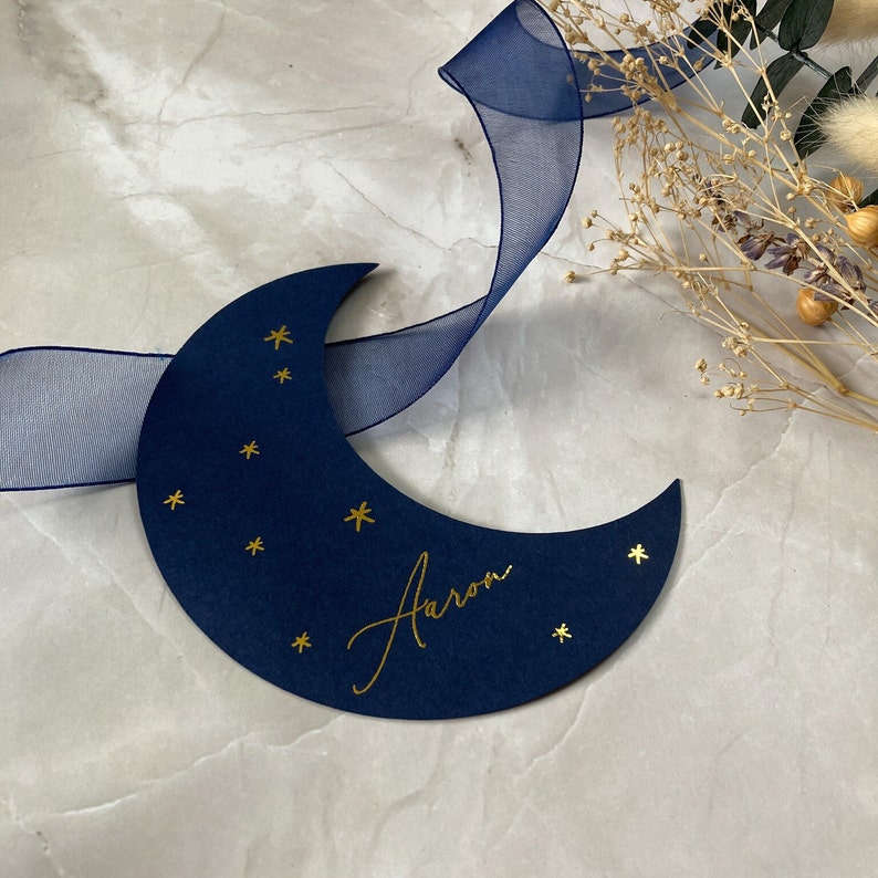 Navy and gold moon shaped place names, celestial wedding decor, baby shower place setting, navy and gold wedding image 3