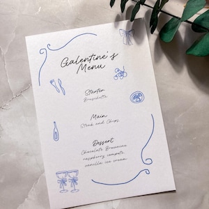 Menu Saint-Valentin lilas, décoration de la Saint-Valentin, menus de table d'illustration de mariage, décoration de mariage d'arc, mariage d'été ou douche nuptiale, enterrement de vie de jeune fille