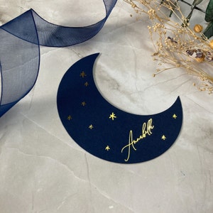 Navy and gold moon shaped place names, celestial wedding decor, baby shower place setting, navy and gold wedding image 5