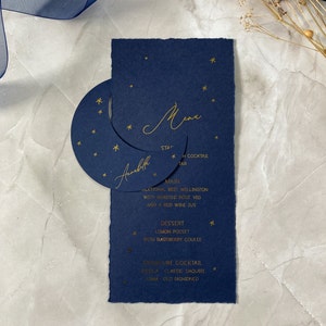 Navy and gold moon shaped place names, celestial wedding decor, baby shower place setting, navy and gold wedding image 7