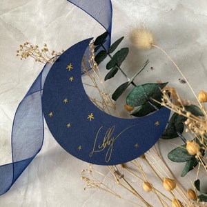 Navy and gold moon shaped place names, celestial wedding decor, baby shower place setting, navy and gold wedding image 1