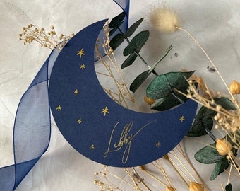 Navy and gold moon shaped place names, celestial wedding decor, baby shower place setting, navy and gold wedding