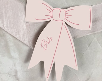 Pink bow shaped place names, summer wedding decor, pastel bridal shower place setting, blush pink wedding