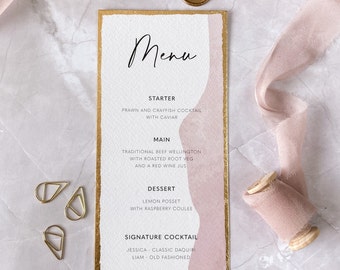 Gold leaf wedding Menu, modern wedding decor, pink and white table decoration, simple place card, blush pink table menu, baby shower decor