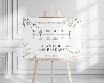 A2, A1, A0 Landscape personalised botanical wedding sign, greenery order of the day sign, wedding welcome sign, welcome sign