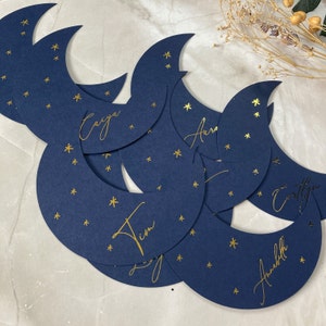 Navy and gold moon shaped place names, celestial wedding decor, baby shower place setting, navy and gold wedding image 6