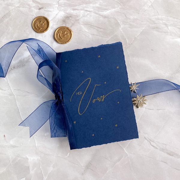 Moon & Stars vow booklet, wedding vow book, wedding gift, gift for bride and groom, Navy and gold wedding