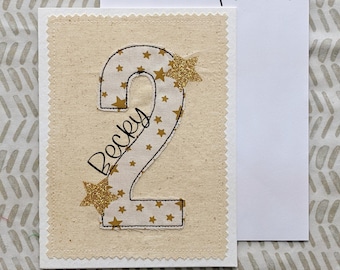 Personalised Any Age Birthday Card | Personalized Age Card | Applique Card | Gold Star Glitter Card