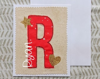 Personalised Name + Initial Birthday Card | Personalized Initial Card | Applique Monogram Card | Red Star Card