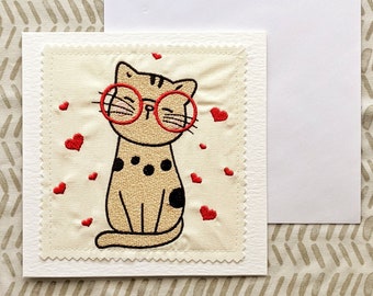 Embroidered Cat Card | Cat Birthday Card | Blank Greeting Card | Funny Cat Card