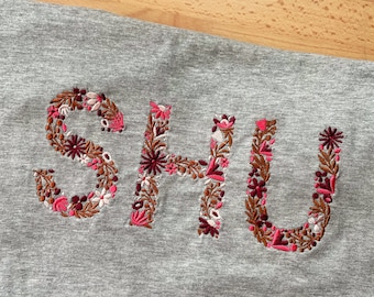 Floral Letter Embroidered T-Shirt Flower Letter University College T-Shirt Embroidery T-Shirt high school Shirt, Personalised Gift