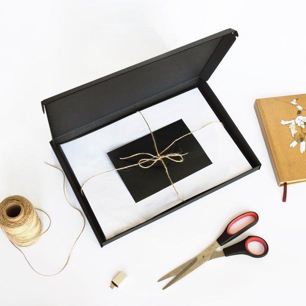 Schwarze flache Verpackungsbox A4 oder 8x10 Kunstdruckverpackung, Fotografie oder Kalenderbox, Stationär