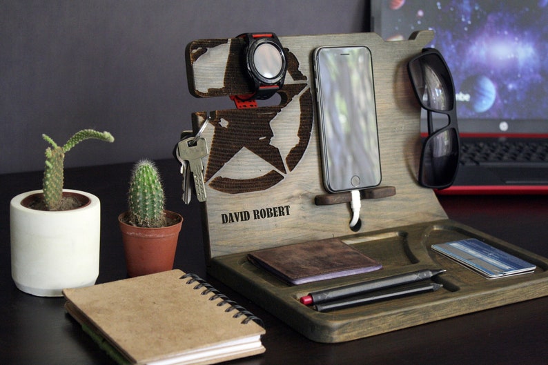 ARMY STAR Design organizer,Wooden Docking Station,wooden organizer phone holder Gift for husband and Dad,men birthday gift,anniversary day