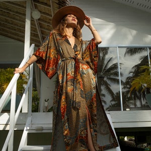 Boho Grey & Brown Long Silk Kimono Robe for Women ~ Handmade Lounge or Spa Wrap ~ Elegant Silk Pajama Robe ~ Anniversary gift