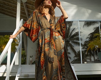 Boho Grey & Brown Long Silk Kimono Robe for Women ~ Handmade Lounge or Spa Wrap ~ Elegant Silk Pajama Robe ~ Valentine's Gift Idea for Her
