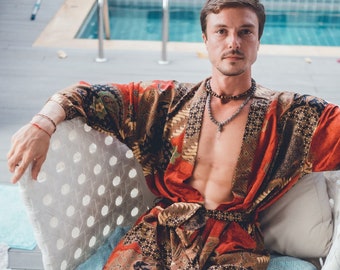 Kimono de seda estilo bohemio para hombre ~ Pijama elegante o bata de spa ~ Ropa de descanso balinesa hecha a mano ~ Conjunto para Burning Man