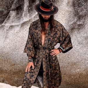Boho Sun Long Silky Kimono Robe for Men ~ Shiva Collection ~ Elegant Lounge or Spa Robe ~  Gift for Him ~ Burning Man Festival Clothes