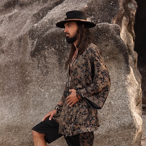 Boho Sun Short Silky Kimono Robe for Men ~ Shiva Collection ~ Elegant Pajama or Lounge Wrap ~ Gift for Him ~ Burning Man Festival Clothes