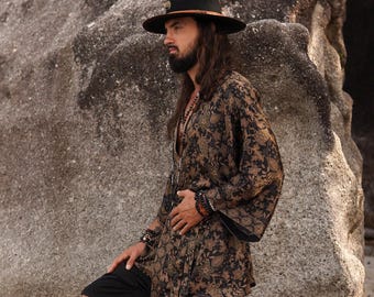 Krótki szlafrok kimono z jedwabiu w stylu boho dla mężczyzn ~ Jedwabny komplet piżamowy lub strój domowy ~ Jedwabny szlafrok ~ Pomysły na prezent dla chłopaka