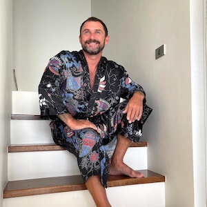 Boho Black & Blue Silky Kimono Robe for Men ~ Handmade Bali Lounge or Spa Wrap ~ Elegant Pajama Robe ~ Gift for Him ~ Burning Man Clothes