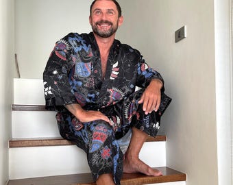 Boho czarno-niebieski jedwabny szlafrok kimono dla mężczyzn ~ Jedwabny szlafrok ~ Szlafrok kąpielowy lub komplet piżamowy ~ Strój Burning Man