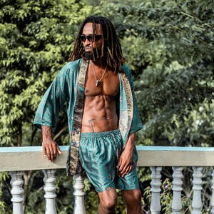Boho Green & Black Short Silky Kimono Robe ~ Handmade Bali Wrap ~ Elegant Lounge or Pajama Robe ~ Gift for Him ~ Burning Man Festival Outfit