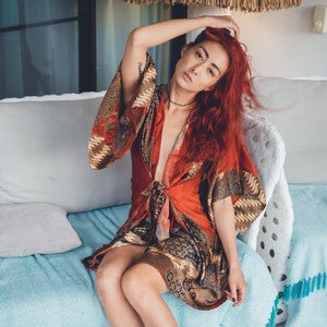 Boho Red Silky Kimono Robe for Women ~ Chic Dressing Gown ~ Elegant Spa or Lounge Wrap Robe ~ Gift Idea for Her ~ Burning Man Clothing
