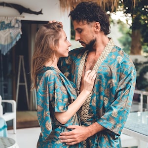 Boho Matching Green & Gold Silky Kimono Set for Couples ~ Handmade Bali Robe Set ~ Elegant Bohemian Loungewear ~ Burning Man Festival Outfit