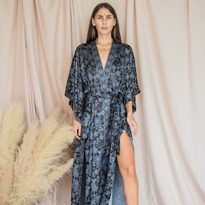 Boho Moon Long Silk Kimono Robe for Women ~ lounge and sleepwear ~Silk Dressing Gown ~ Womens Bathrobe ~ Anniversary gift image 1