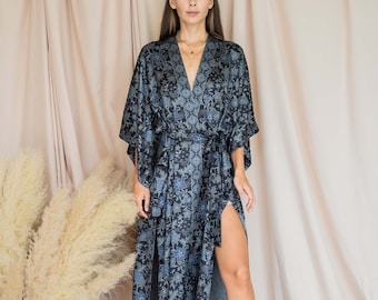 Boho Moon Long Silk Kimono Robe for Women ~ lounge and sleepwear ~Silk Dressing Gown ~ Womens Bathrobe ~ Anniversary gift