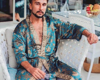 Boho Green & Gold Silky Kimono Robe for Men ~ Pajama or Lounge Robe ~ Handmade in Bali ~ Gift for Him ~ Festival Loungewear for Burning Man
