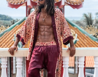 Boho Fire Red Long Silk Kimono Robe for Him ~ Shiva Collection ~ Festival kimono ~ Spa Dressing Gown ~ Birthday Gift For Him