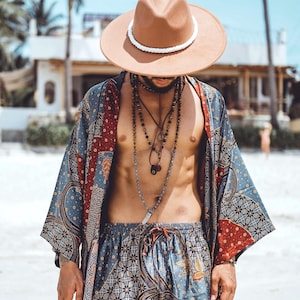 Boho Grey & Brown Short Silky Kimono ~ Elegant Spa or Loungewear ~ Silky Pajama Robe ~ Gift for Him ~ Festival Clothes for Burning Man