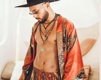 Boho Red & Black Silky Kimono Robe for Man ~ Handmade Bali Wrap ~ Elegant Lounge or Spa Robe ~ Gift for Him ~ Burning Man Festival Clothes