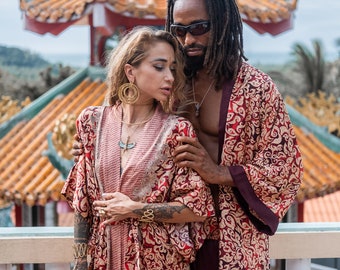 Shiva & Shakti Fire set of 2 silk kimonos for couples ~ Pajamas for men and woman ~ Silk bath robes ~ Perfect Birthday gift for him and her