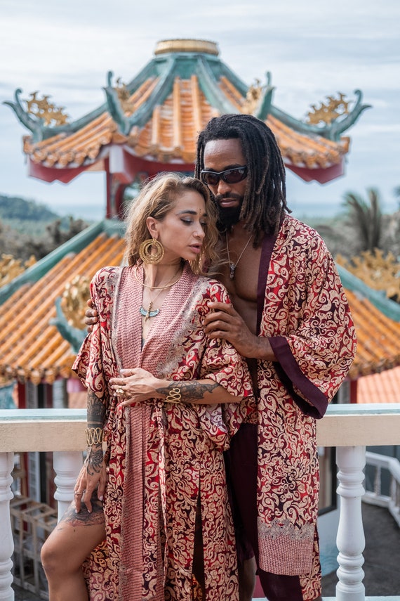 Boho Matching Fire Red Silk Kimono Set for Couple ~ Shiva & Shakti Collection ~ Handmade Bali Lounge Robe Set ~ Anniversary Gift