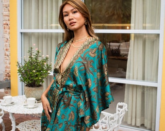 Long Green & Gold Silk Kimono ~ Boho Silk Kimono Robe for Woman ~ Silk female Pajama Robe ~ Bath silk robe ~ Perfect Birthday present
