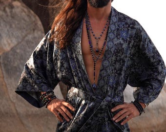 Boho Moon Short Silk Kimono Robe for Men ~ Shiva Collection ~ Handmade Bali Loungewear ~ Elegant Spa Dressing Gown ~  Boyfriend Gift Ideas