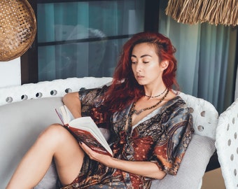 Boho Grey & Brown Silk Kimono Robe for Women ~ Handmade Bali Dressing Gown ~ Elegant Spa or Lounge Robe ~ Gift for Her