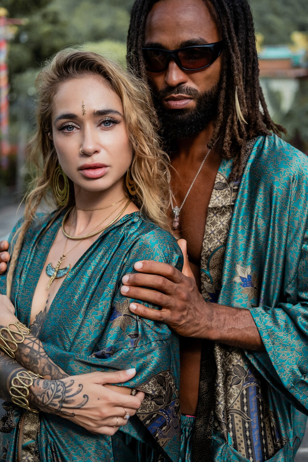 Green&black Set of 2 Silk Kimonos for Couples Pajamas Set for Men and