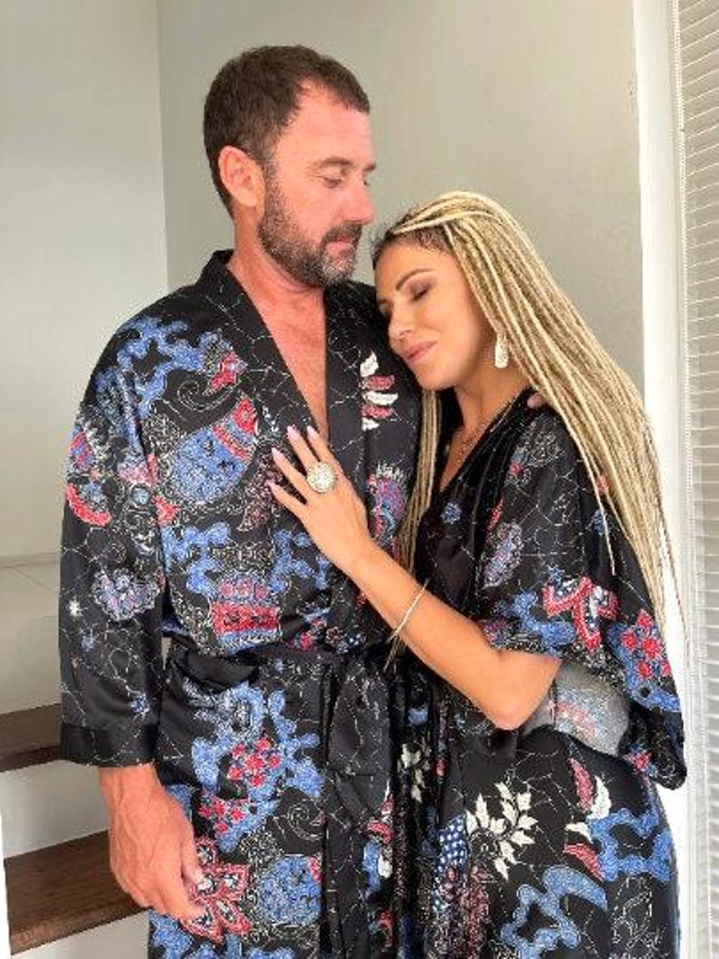 Boho czarno-niebieski jedwabny szlafrok kimono dla mężczyzn ~ Jedwabny szlafrok ~ Szlafrok kąpielowy lub komplet piżamowy ~ Strój Burning Man zdjęcie 4