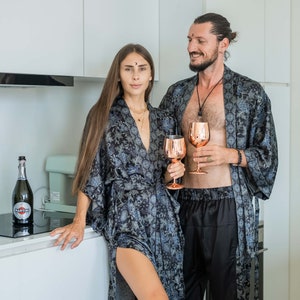 Boho set of 2 silk kimonos for couples Pajamas set for men and woman Silk bath robes set Perfect Christmas gift for him and her Men Shiva Moon