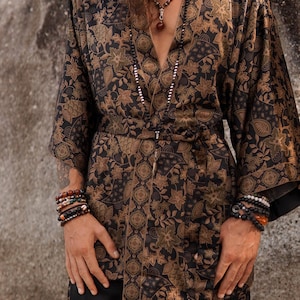 Boho Short Silk Kimono Robe for Men ~ Silk Pajama Set ~ Elegant Loungewear ~ Men Dressing Gown ~ Boyfriend Birthday Gift image 7