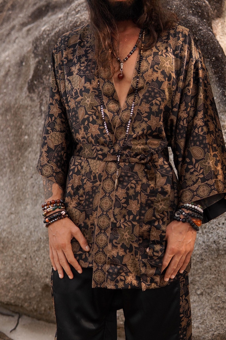 Boho Short Silk Kimono Robe for Men ~ Silk Pajama Set ~ Elegant Loungewear ~ Men Dressing Gown ~ Boyfriend Birthday Gift image 7